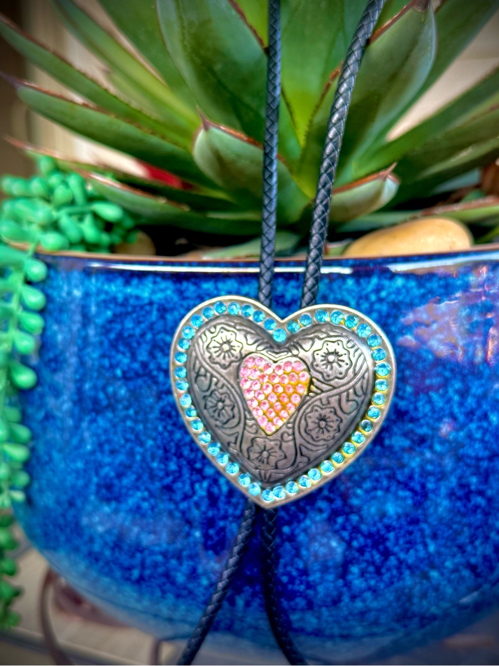 Western Heart Bolo Tie with Pink & blue gem stone Accents
